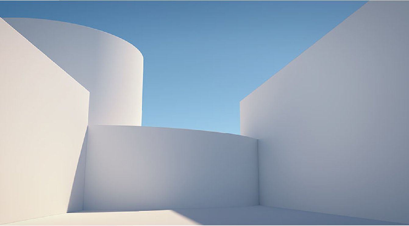 Abstract architectural structures with white curved and angular walls under a clear blue sky.