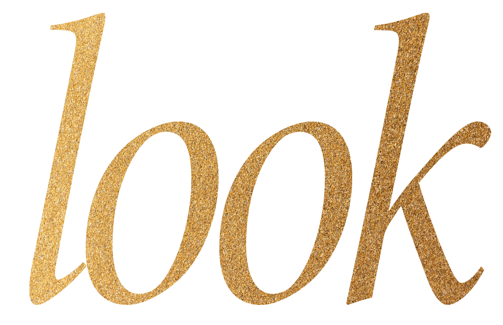 The word 'look' written in gold glittery cursive font.