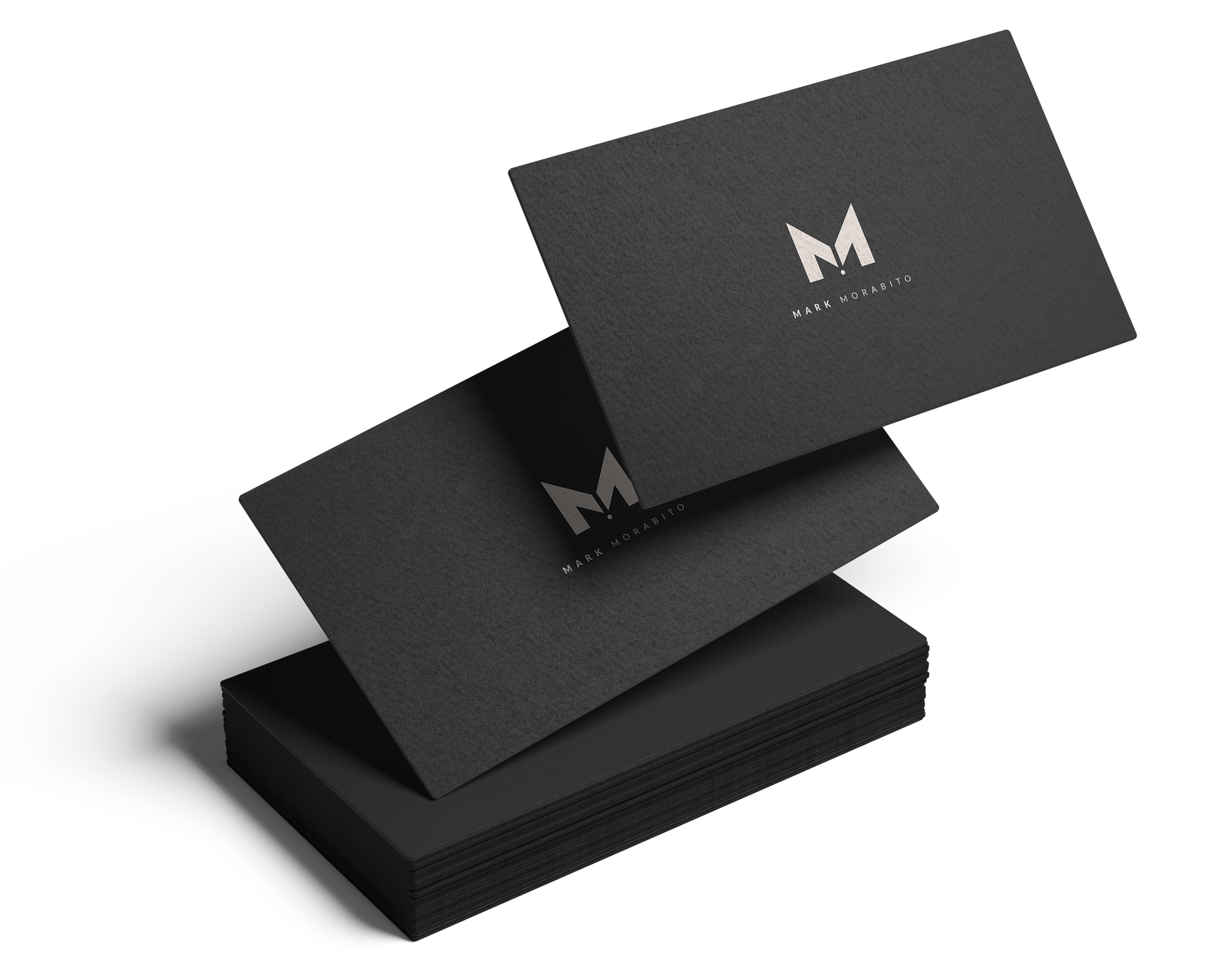 Stacked black business cards with a white logo and logo text on one of the top cards, placed on a white surface.
