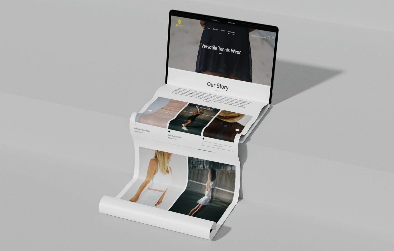 A computer screen with a website showing tennis apparel and a scroll of photos from fashion shoots.