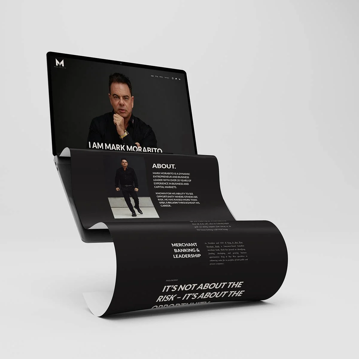 A digital presentation of Mark Morabito, featuring a picture of him with his hand on his chin, on a black background. The presentation has sections about his biography, achievements, and philosophy about risk and entrepreneurship, styled with black and white text and images.
