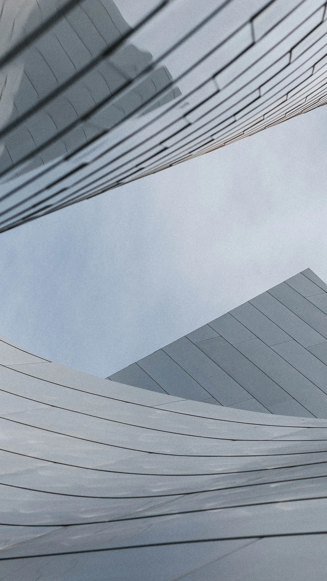 Abstract architectural photo featuring curved, layered white and gray building surfaces viewed from below with a pale sky background.
