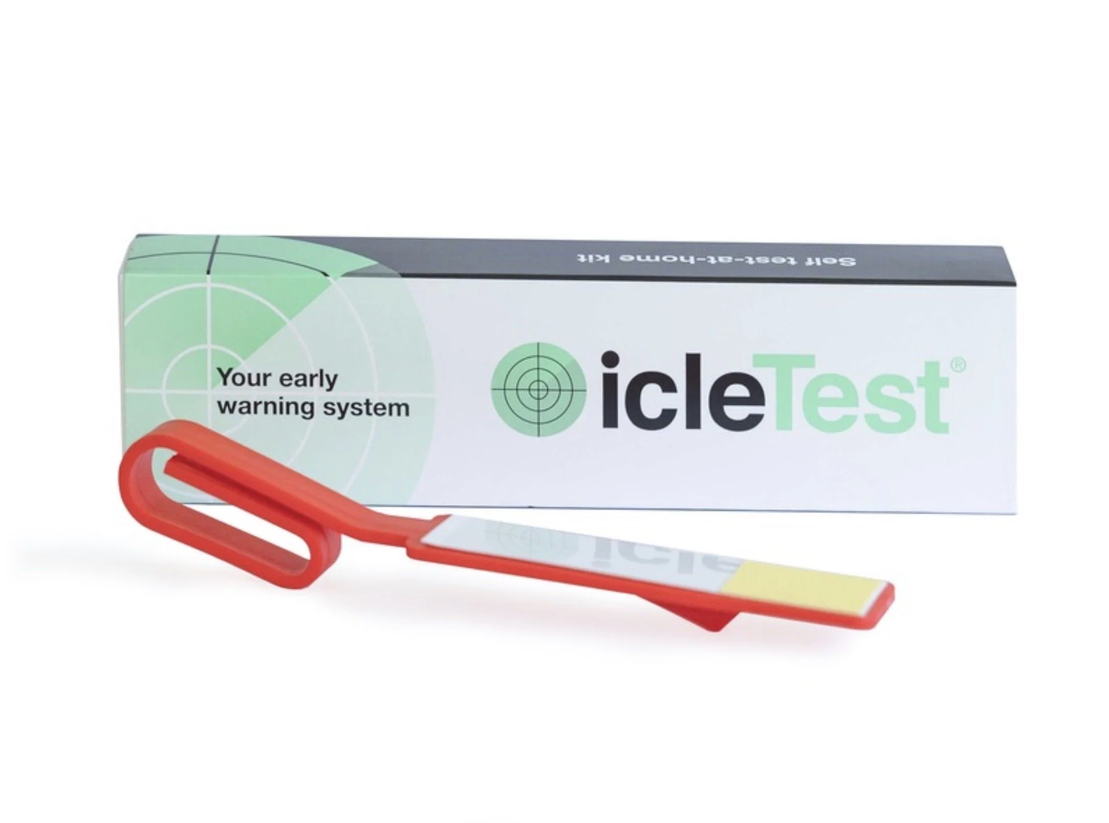 A box of iClentest with a red test strip and a collection device attached.