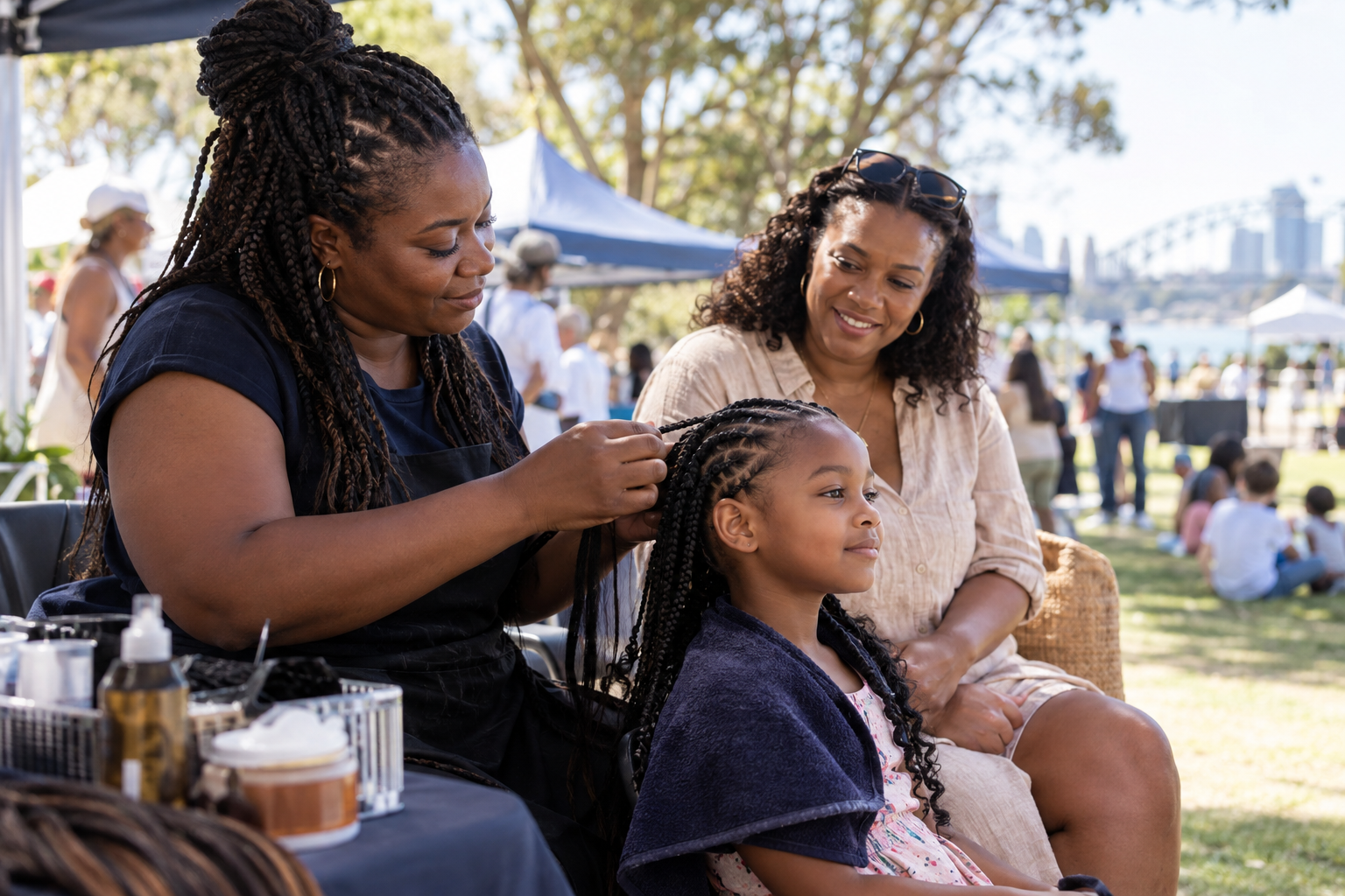 A woman is braiding a young girl's hair during an outdoor event, with two women sitting side by side and smiling. The background shows tents, people, and a city skyline near a body of water.