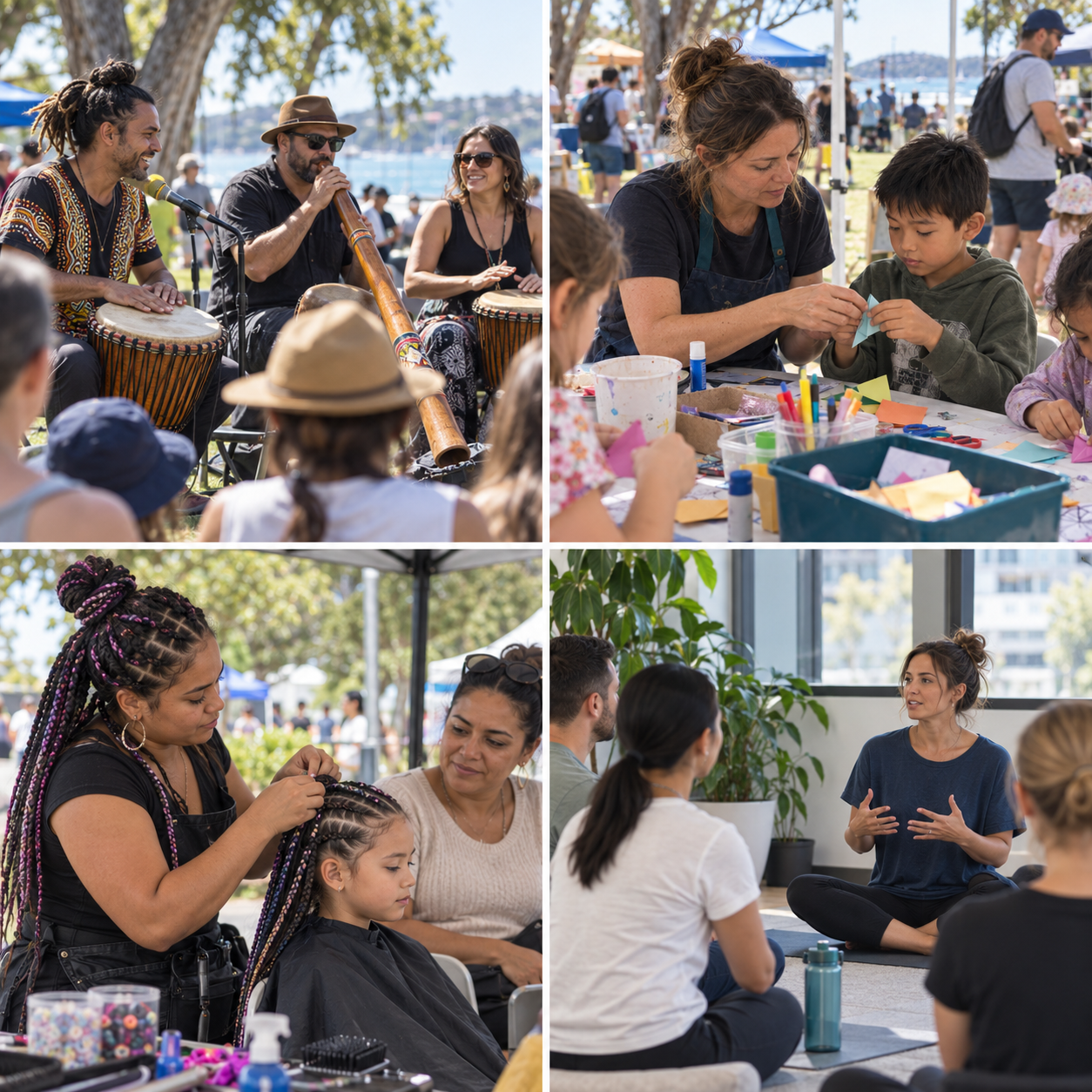 Collage of four images showing outdoor music and arts festival activities: musicians playing drums and wind instrument, children and adults making crafts, women braiding girl's hair, and a woman leading a meditation or discussion group indoors.