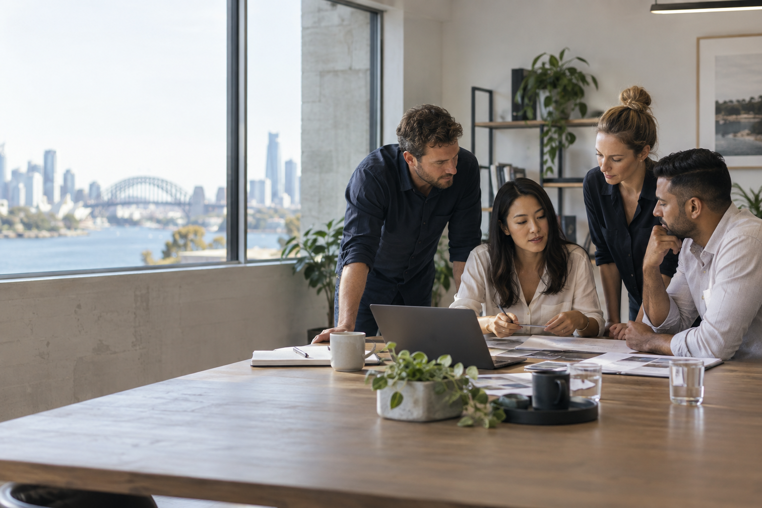 Five people in a modern office reviewing documents, with a city skyline and bridge visible through large windows.