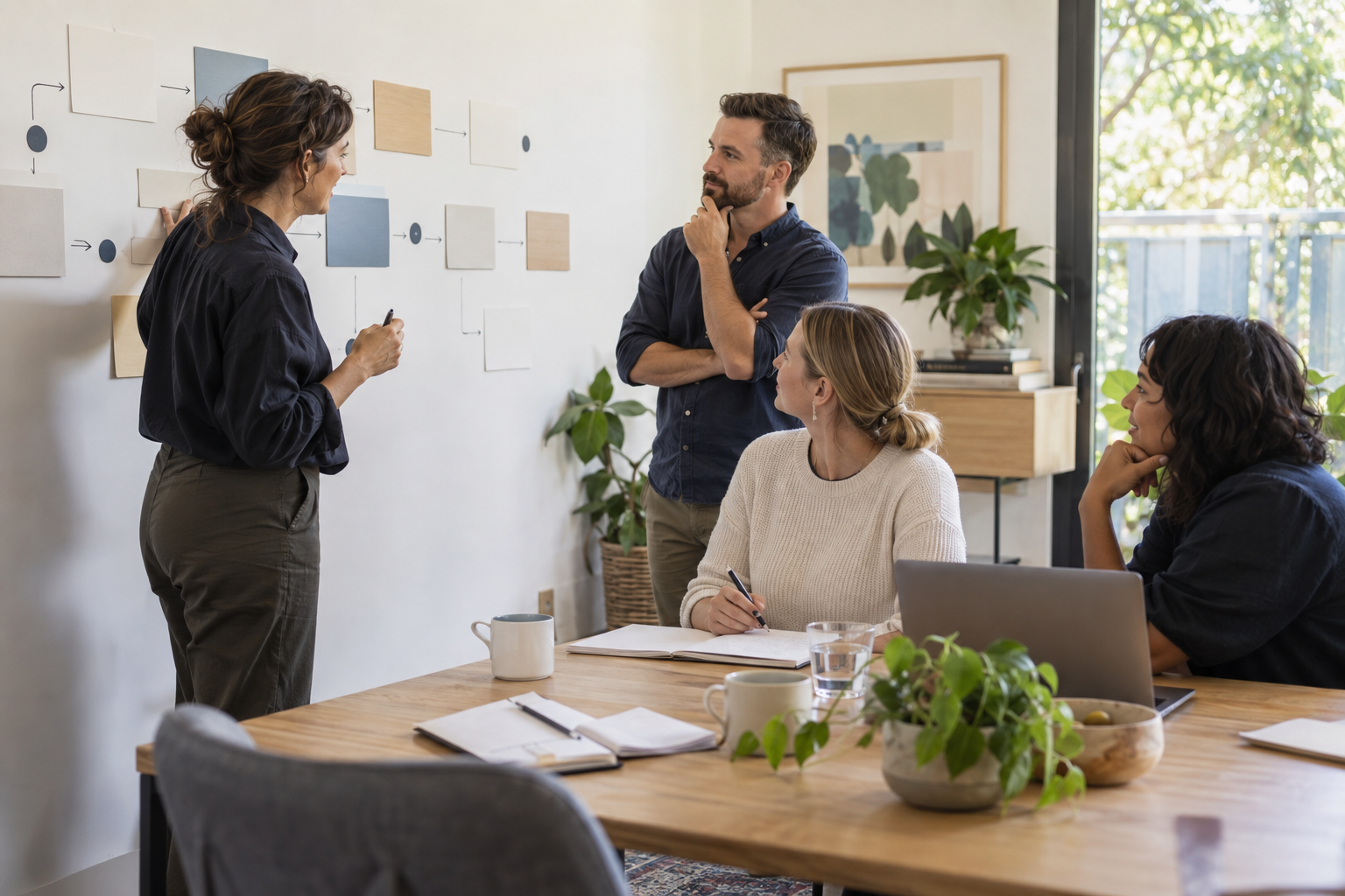 Four people in a meeting room, one woman presenting and three colleagues listening, with a wall chart and plants in the background.