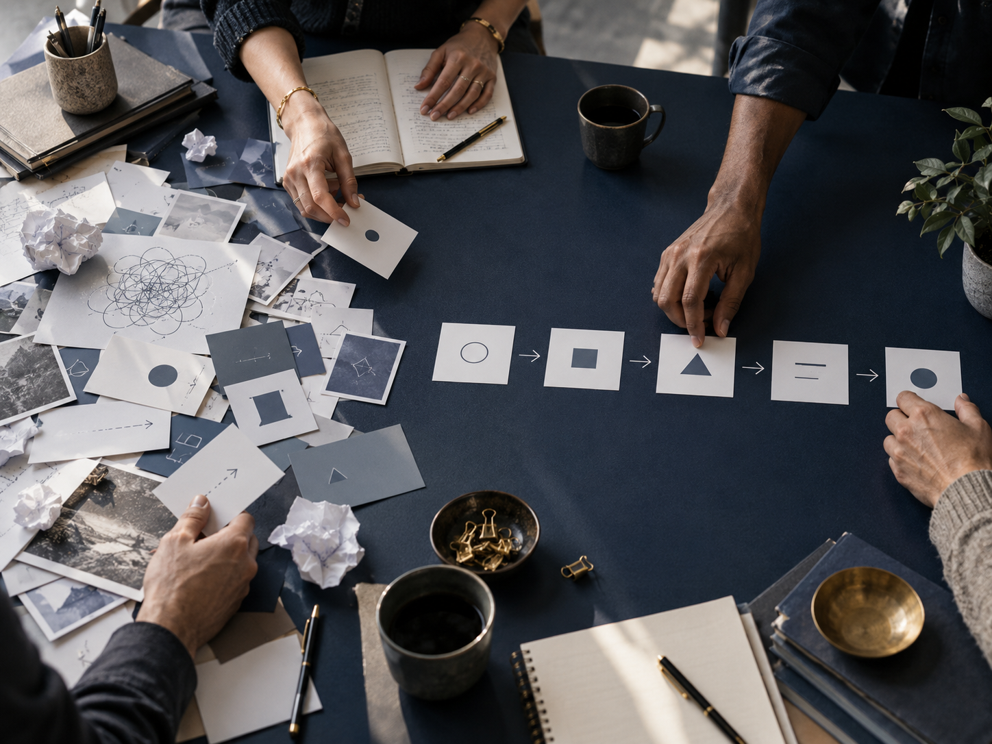 People working on a project with geometric shape cards, photographs, notebooks, and coffee cups on the table.