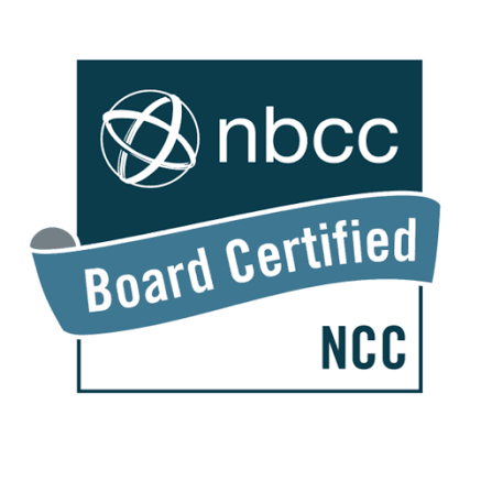 NBCC logo with a globe symbol, and a blue banner with white text that reads 'Board Certified', with 'NCC' below the banner.