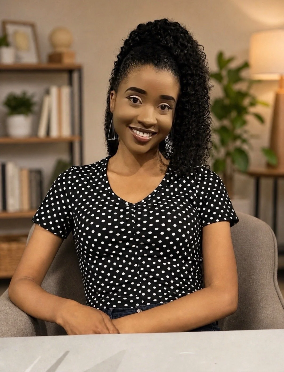 A young woman with curly hair in a high ponytail, wearing a black polka dot shirt, sitting in a room with a bookshelf and plants, smiling.