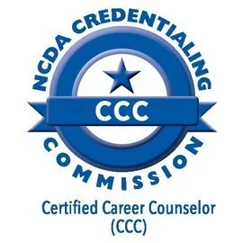 NCDA Credentialing Commission Certified Career Counselor (CCC) logo with a blue star, circular emblem, and blue ribbon.