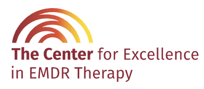 Logo of The Center for Excellence in EMDR Therapy featuring stylized sunrise or rainbow arches in shades of red, orange, and yellow, with the organization's name in maroon text.