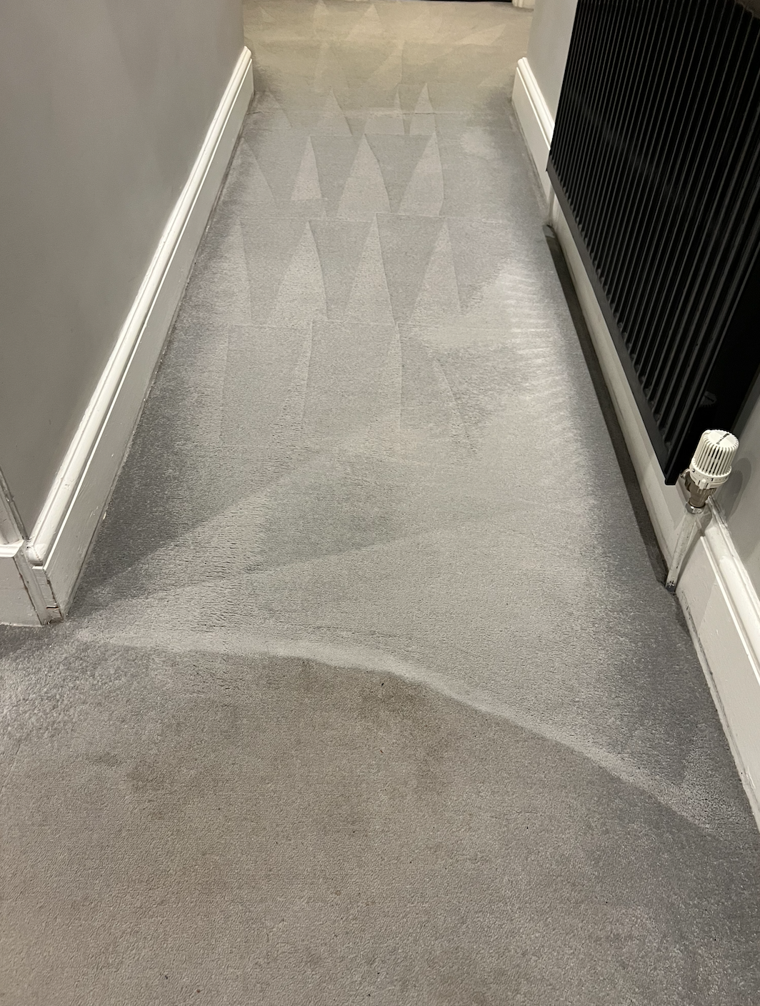 Dirty gray carpeted floor with visible footprints near radiator and wall.