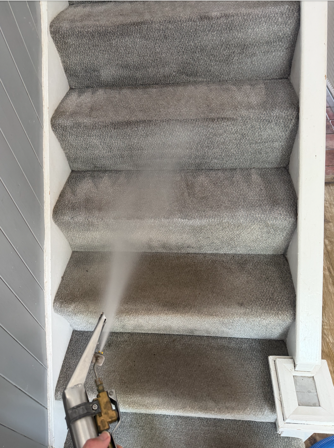 A person using a steam cleaner to clean gray carpeted stairs indoors.