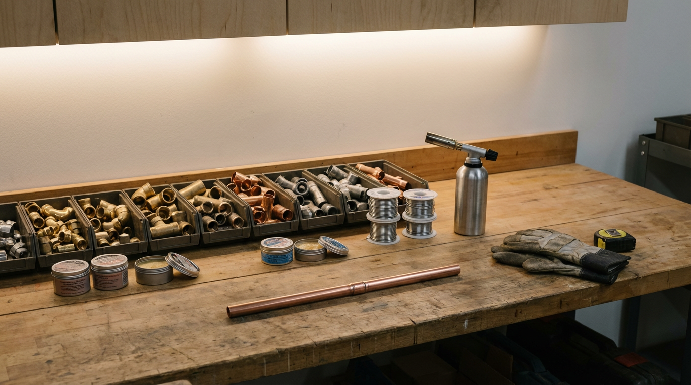Workstation with copper and steel pipe fittings, soldering tins, a spool of solder, a blowtorch, work gloves, and a measuring tape on a wooden surface.