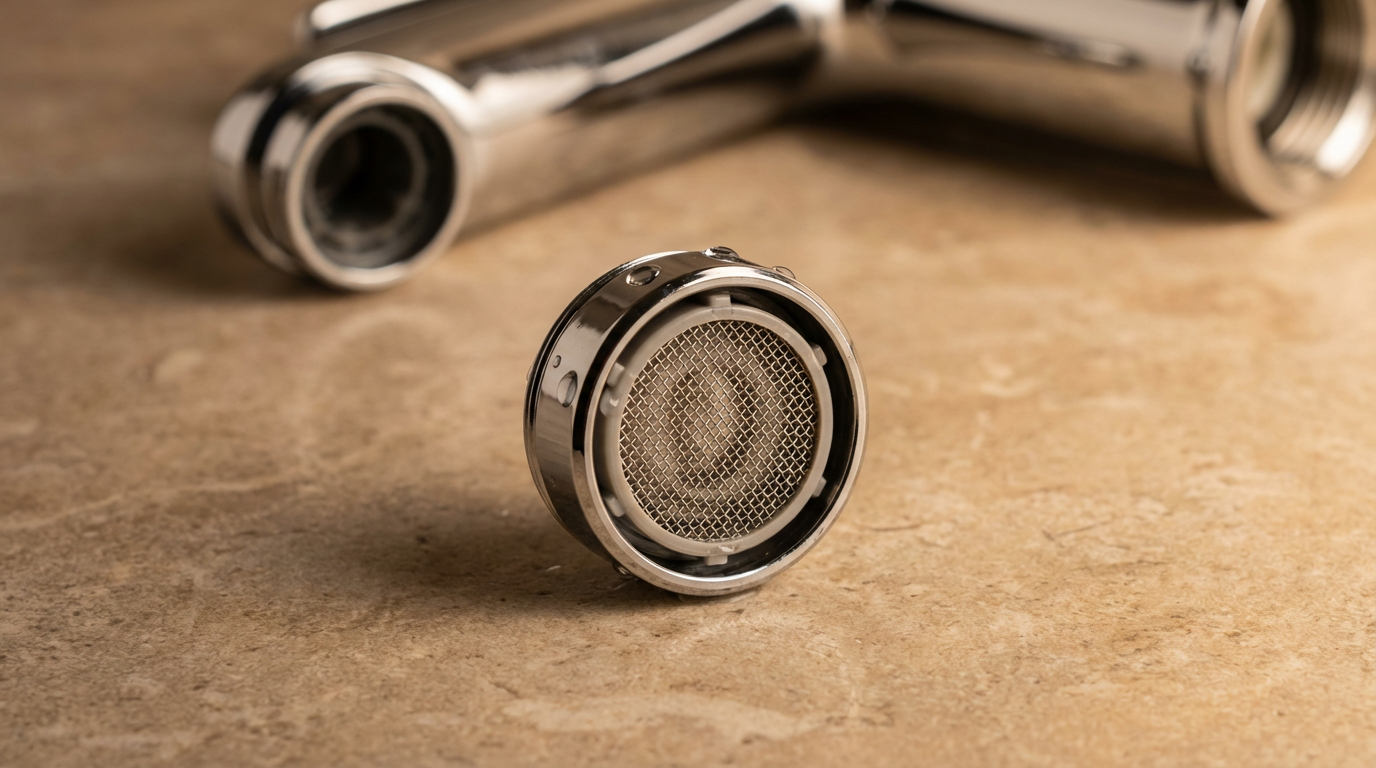 Disassembled chrome faucet aerator on a wooden surface.