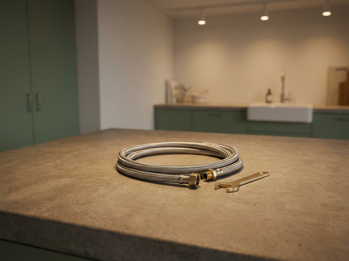 A coiled stainless steel kitchen faucet hose with brass fittings and a wrench on a kitchen countertop.
