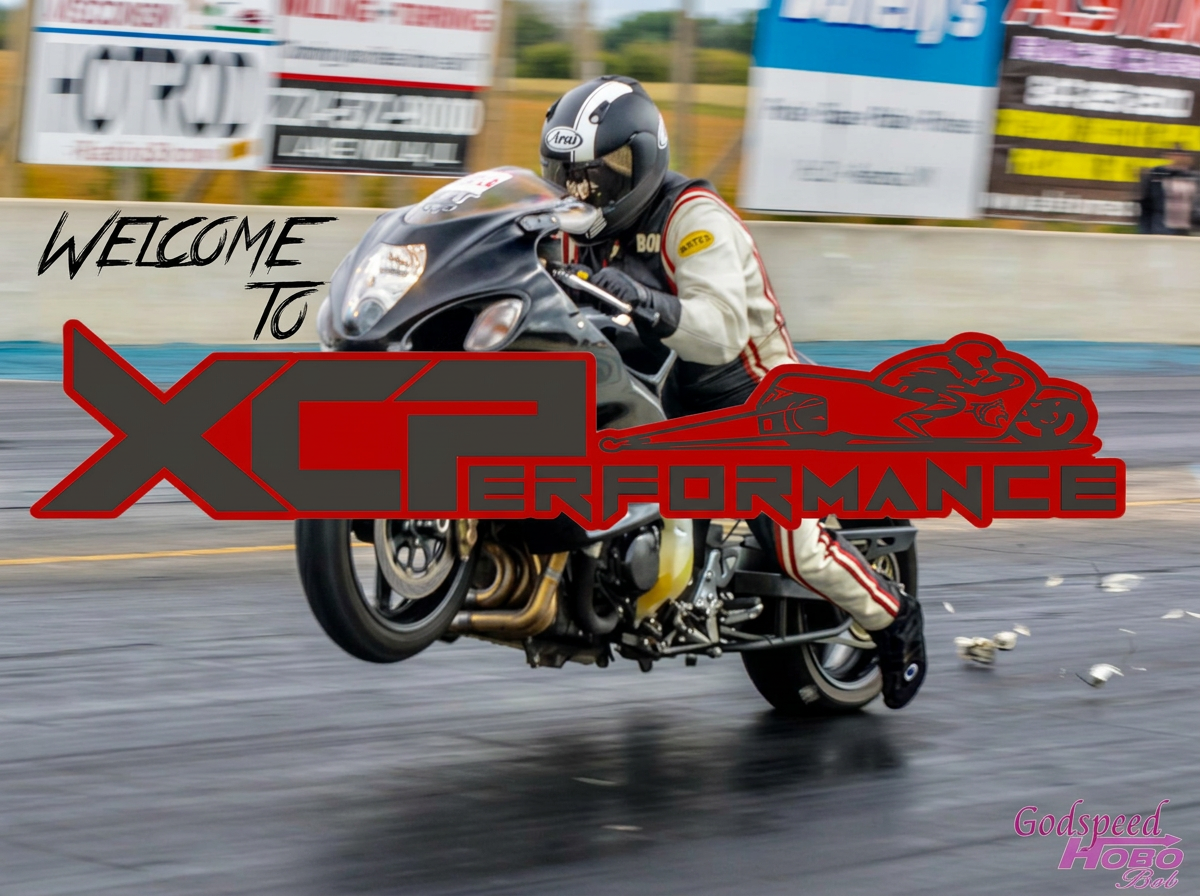 A motorcycle racer in a white racing suit performing a wheelie on a black sportbike on a race track, with a large red and black "XCI PERFORMANCE" logo overlaying the image and the text "Welcome to" handwritten in black at the top left corner. The background features blurred safety barriers and advertisements, indicating high speed.