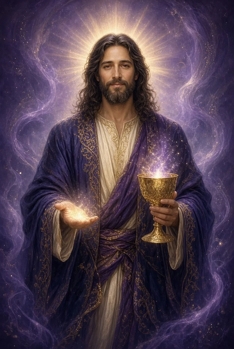 A person dressed as Jesus Christ holding a golden chalice, with a radiant halo and glowing light surrounding him in a mystical, cosmic background.