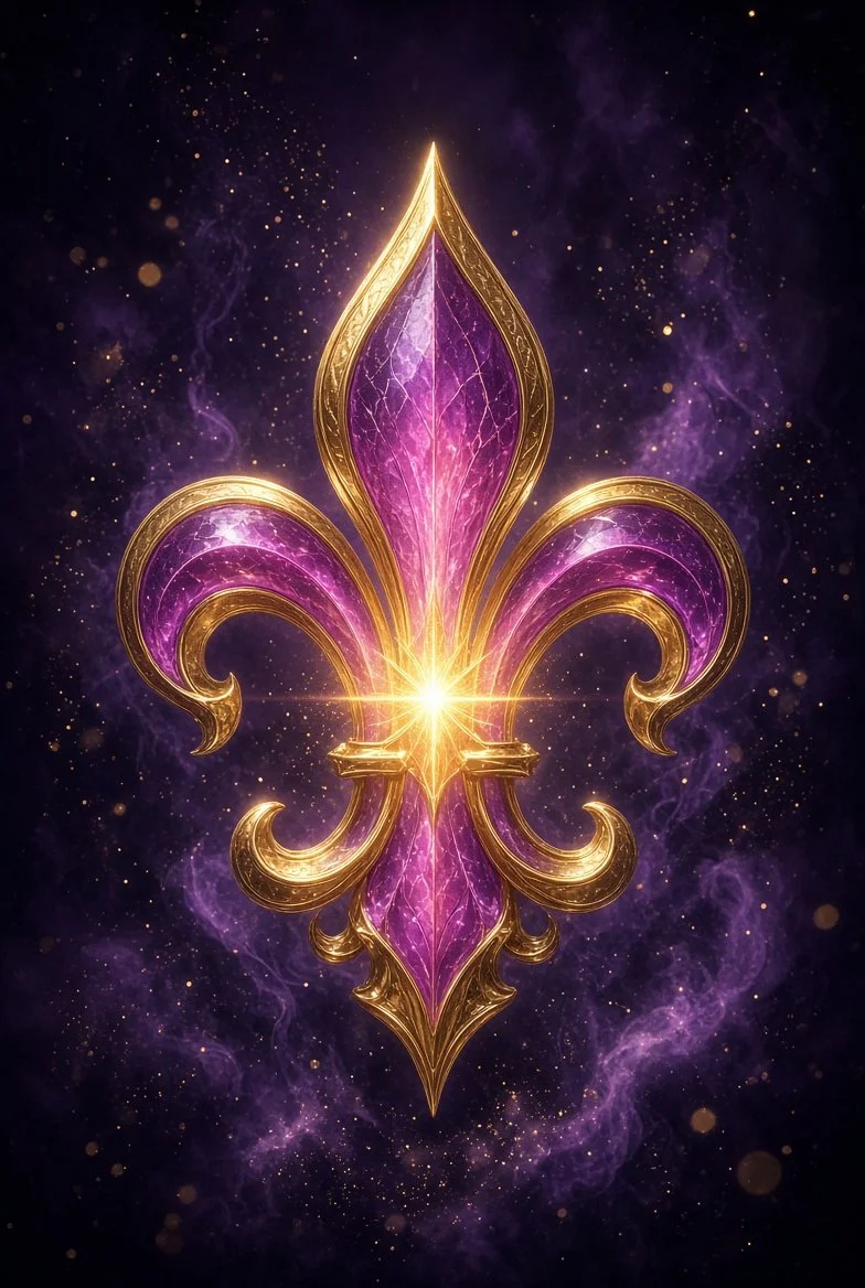 A glowing purple and gold fleur-de-lis symbol with a bright starburst in the center, set against a cosmic background with stars and purple nebulae.