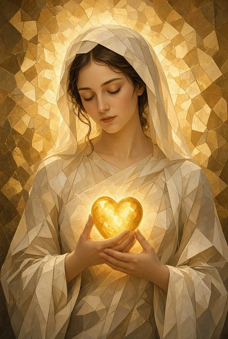 A woman in geometric-patterned robes with a hood, holding a glowing heart-shaped object close to her chest, with a glowing background.
