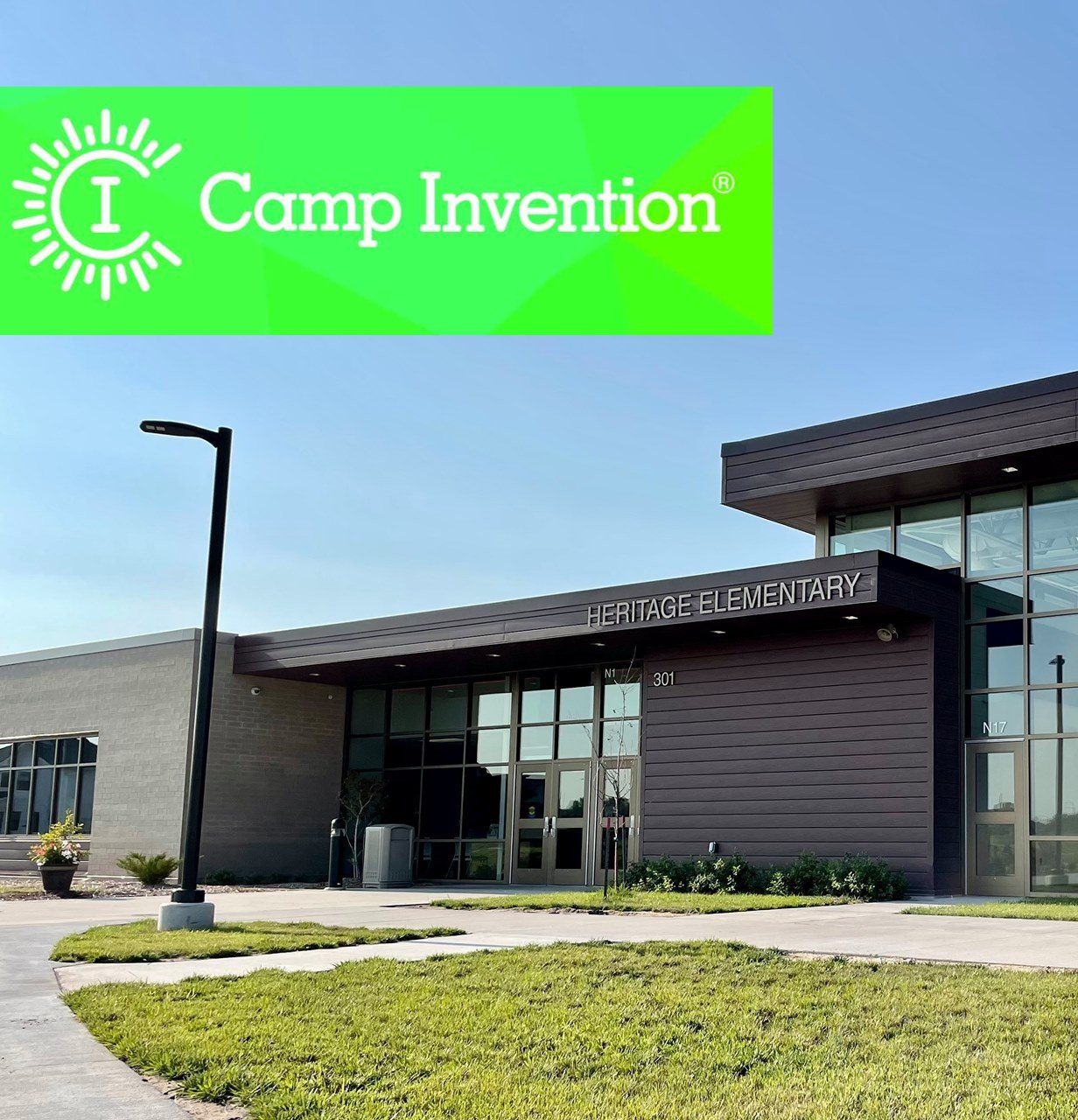 The entrance of Heritage Elementary School in Ankeny with a clear sky in the background and a Camp Invention logo overlay.