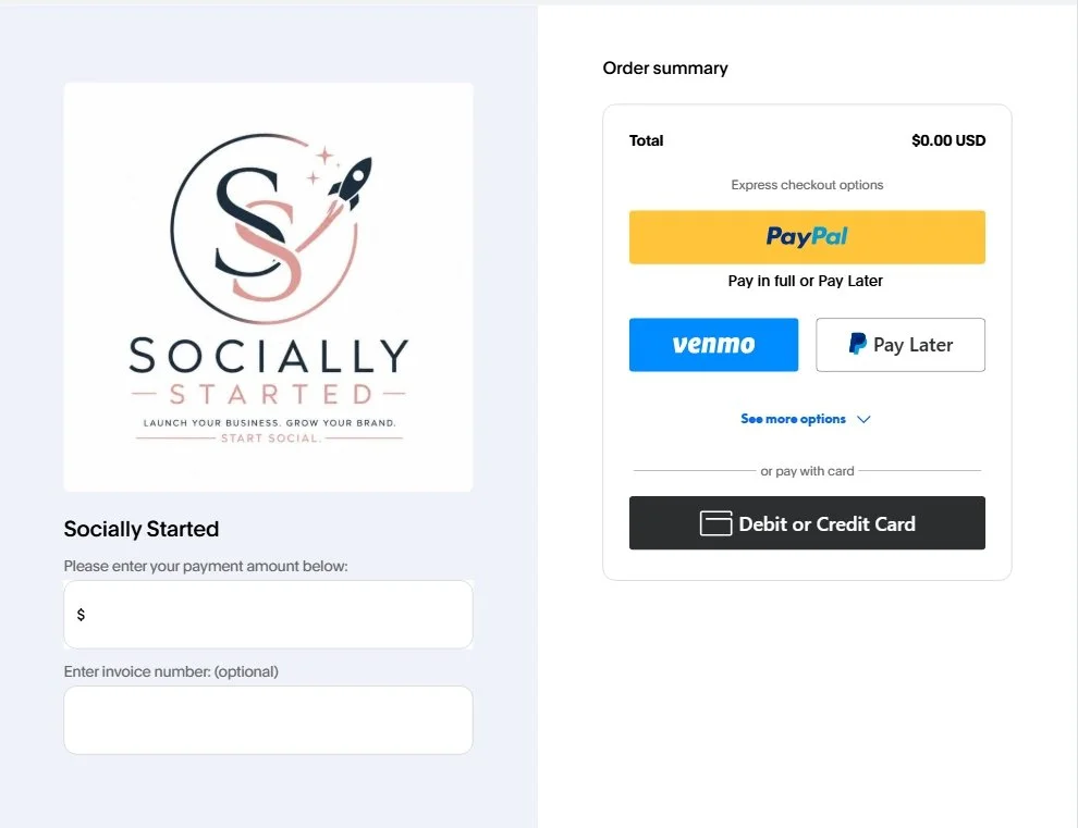A login page for Socially Started with a logo featuring a rocket and the text "Socially Started" and "Launch your business. Grow your brand." next to an order summary section displaying payment options including PayPal, Venmo, and debit or credit card, with a prompt to enter payment amount and invoice number.