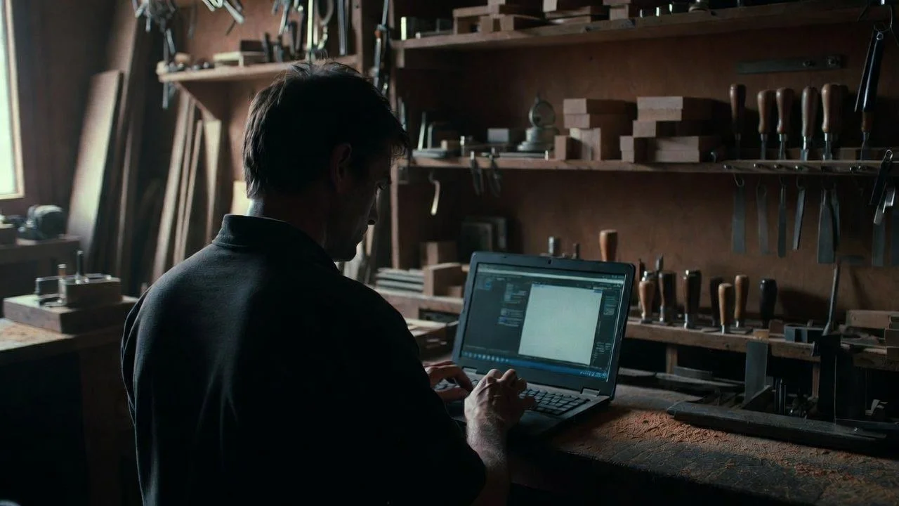 Person working on a laptop in a woodworking shop with tools and wood pieces on shelves behind them.