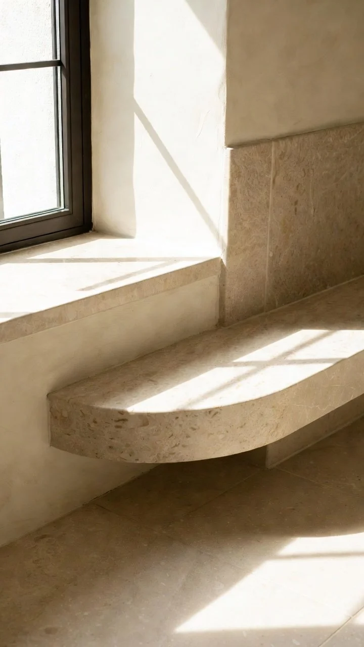 Sunlight casting shadows on a beige stone windowsill and wall with a black window frame, restoration..