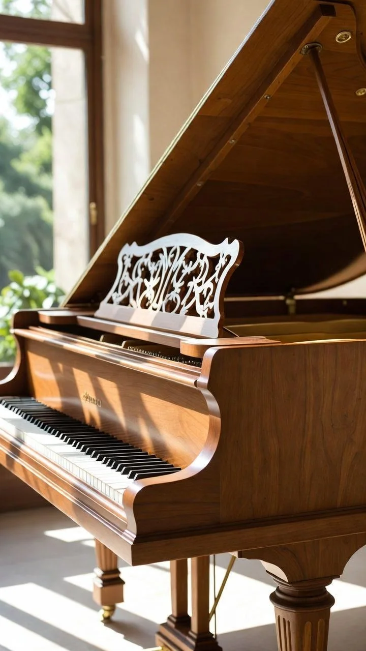 A wooden grand piano with an open lid, standing near a window with green trees outside, sunlight casting shadows on the piano, restoration..