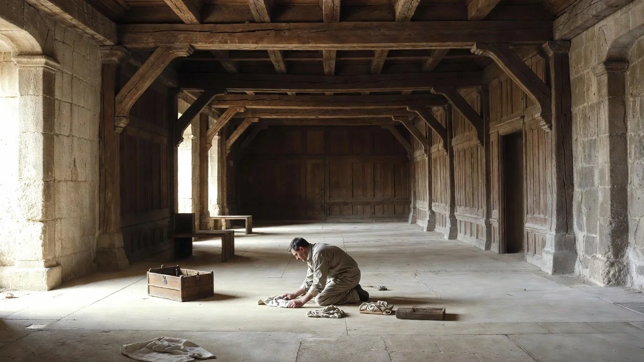 A man kneeling on the floor, cleaning or restoring an old, large wooden hall with stone walls, in a historical or religious building.