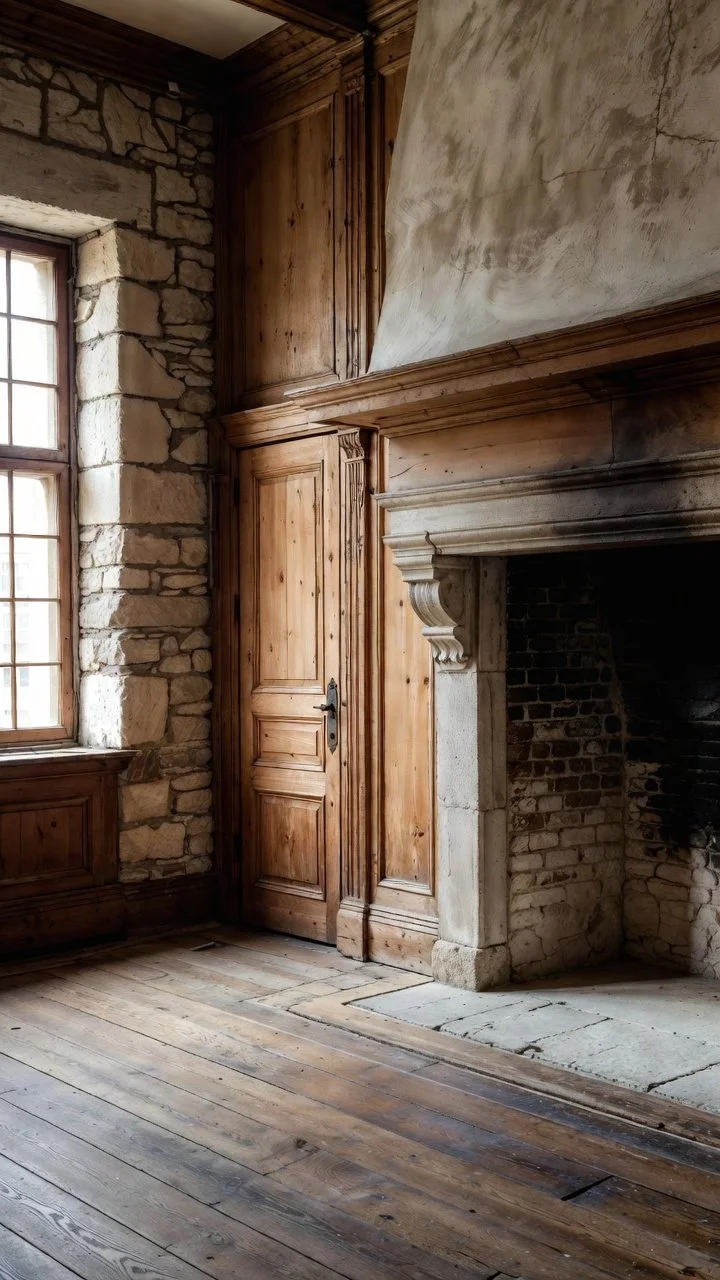 Interior of a rustic room with stone and wood walls, a large window, and a stone fireplace with wooden panels and architectural details, restoration.