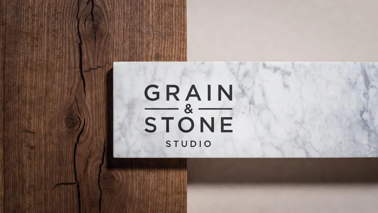 A sign that reads 'GRAIN & STONE STUDIO' with a background of wood and marble surfaces, restoration..