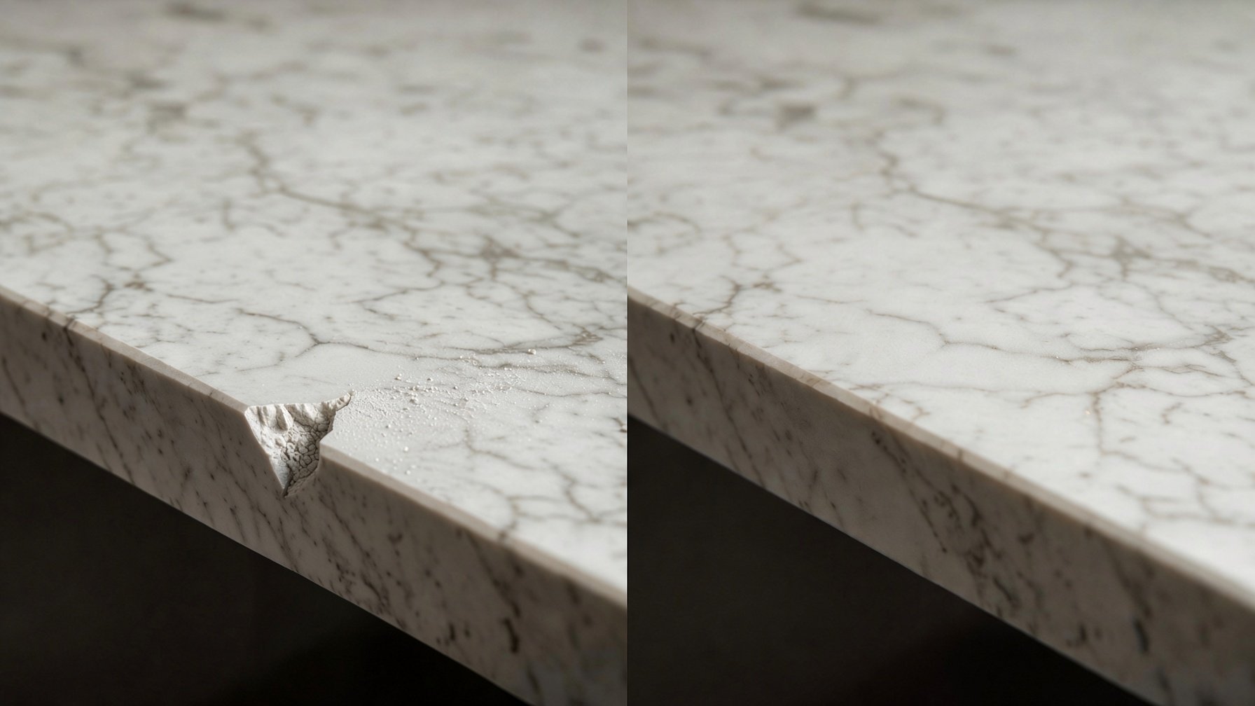 Close-up of a white marble countertop with gray veining, showing a chipped corner with a crack in the surface, restoration..