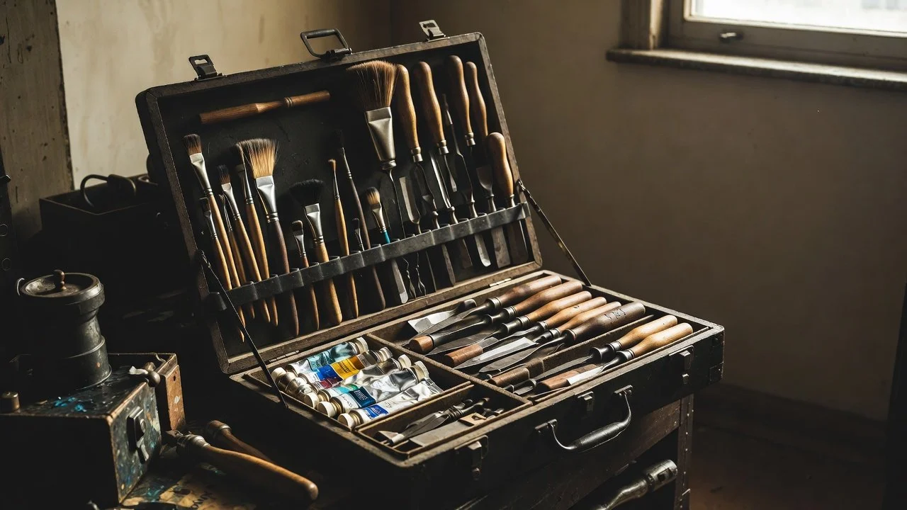 A vintage toolbox open to reveal various paint brushes and art tools inside, placed on a wooden table near a window.