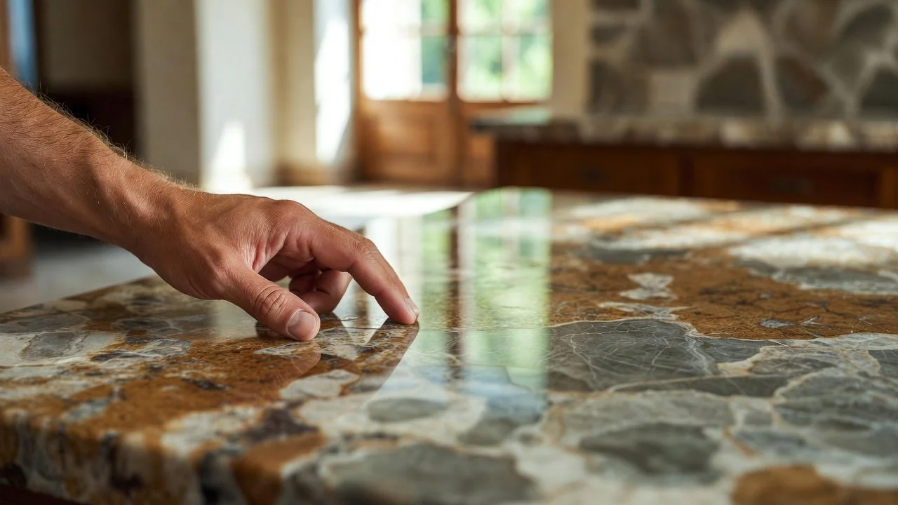A hand touching a polished marble countertop in a kitchen, restoration..