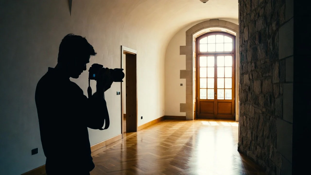 Silhouette of a person taking a photo inside a room with a large window and stone wall.