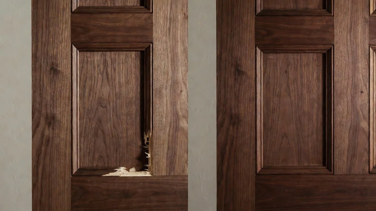 Close-up of a wooden door with a large hole and damage to the bottom left section, restoration..