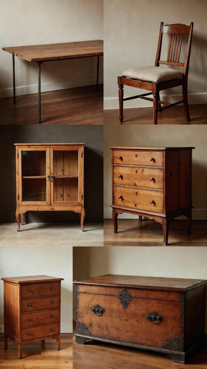 Six vintage wooden furniture pieces arranged indoors, including a table, a chair, a glass-front cabinet, a chest of drawers, a small chest of drawers, and a larger wooden storage chest, restoration.