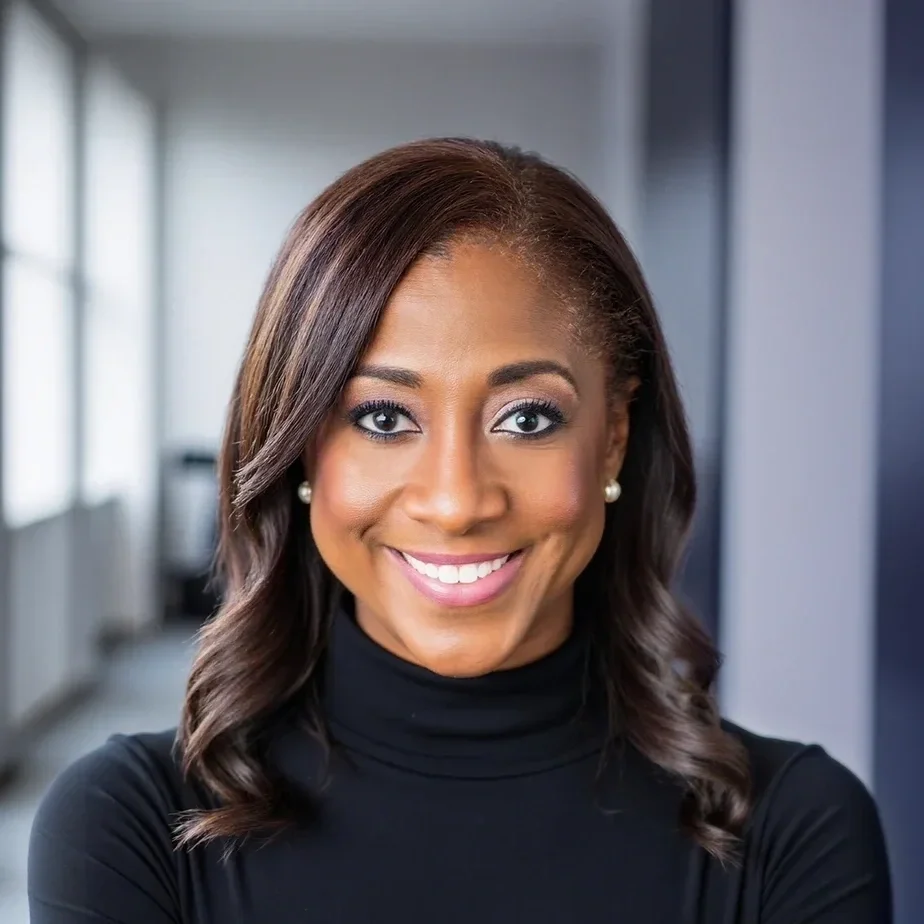 Close-up portrait of Rosilyn "Roz" Houston smiling - with brown hair, wearing pearl earrings and a black turtleneck, in an office setting.