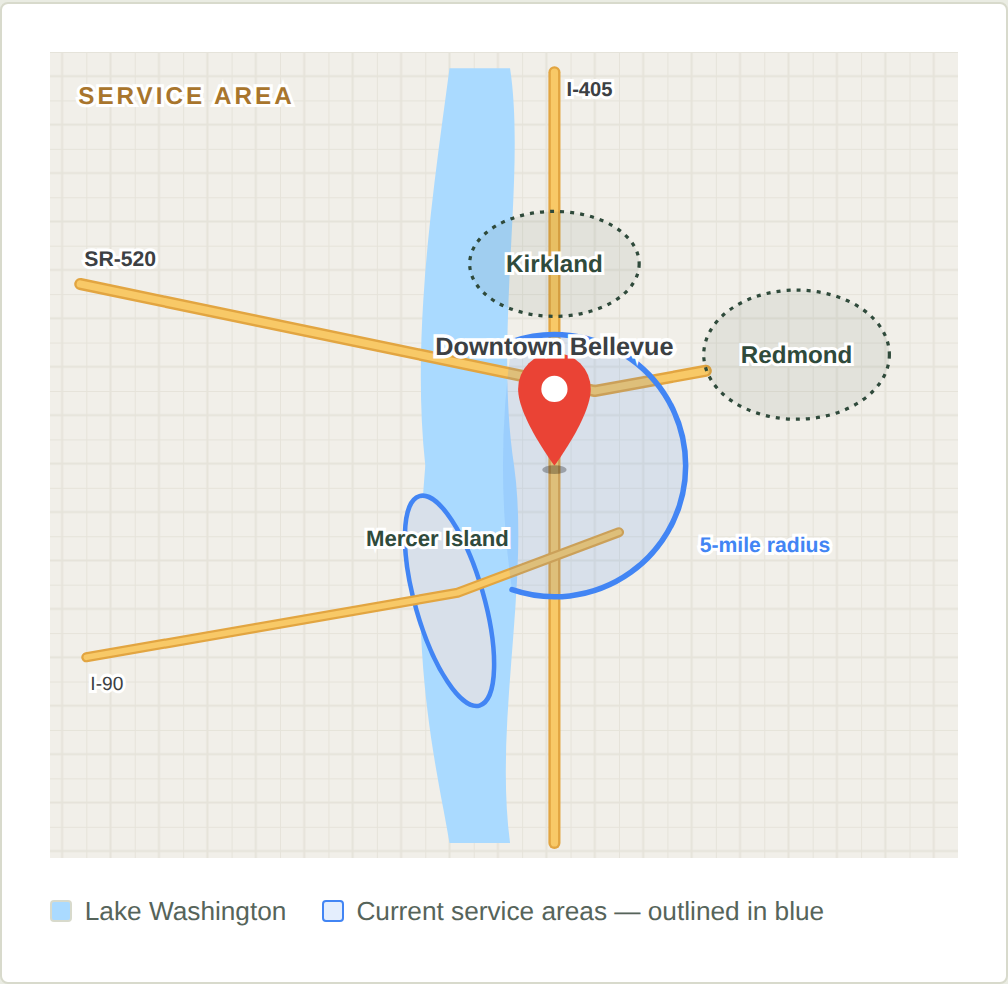 Map of the Tech Concierge service area: within five miles of downtown Bellevue, Washington, and all of Mercer Island