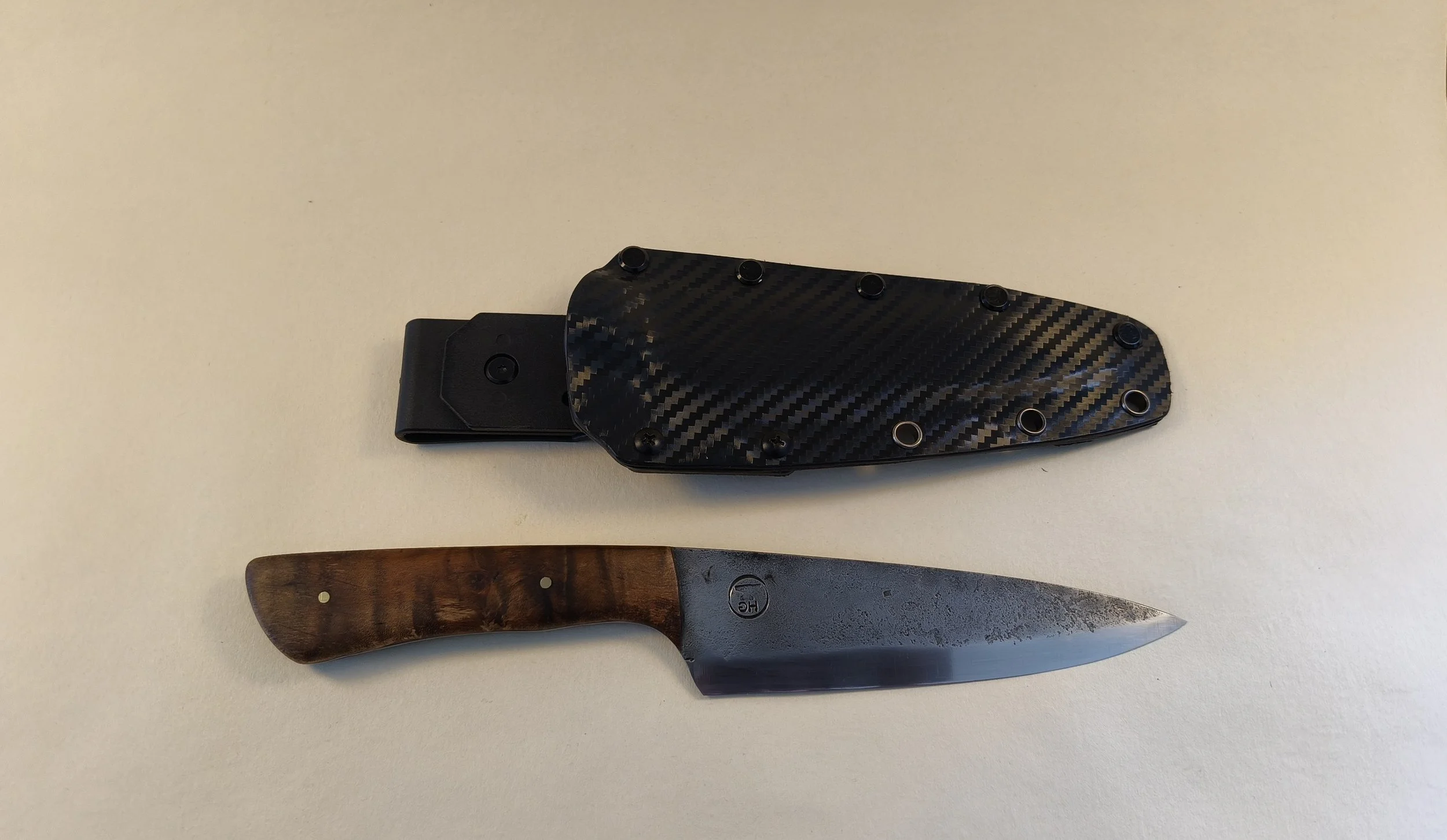 Custom Hunter #1  1095 HC steel with Tasmanian Blackwood handle and  Kydex sheath - Available for sale at the Raglan Arts Weekend  24-26 Oct 2026