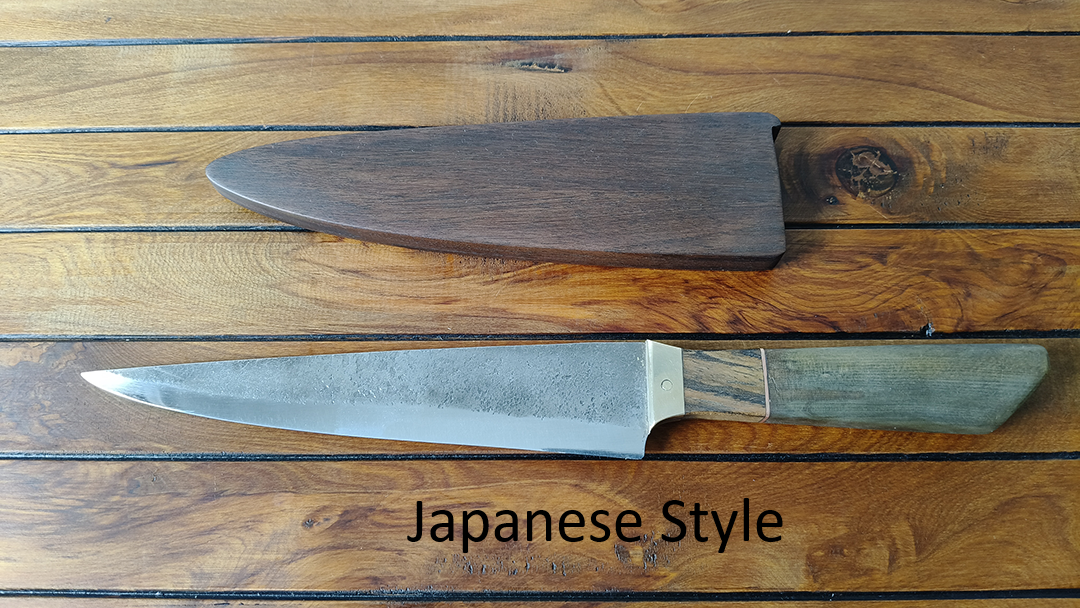 Two kitchen knives, one with a dark wooden handle and blade cover, and another with a metalloid blade and greenish handle, resting on a wooden surface. The words "Japanese Style" are written below the knives.