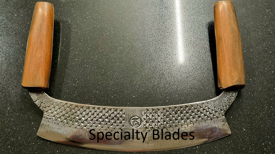 A sword with a textured metal blade and wooden handles on each end, with "Specialty Blades" written on the blade.