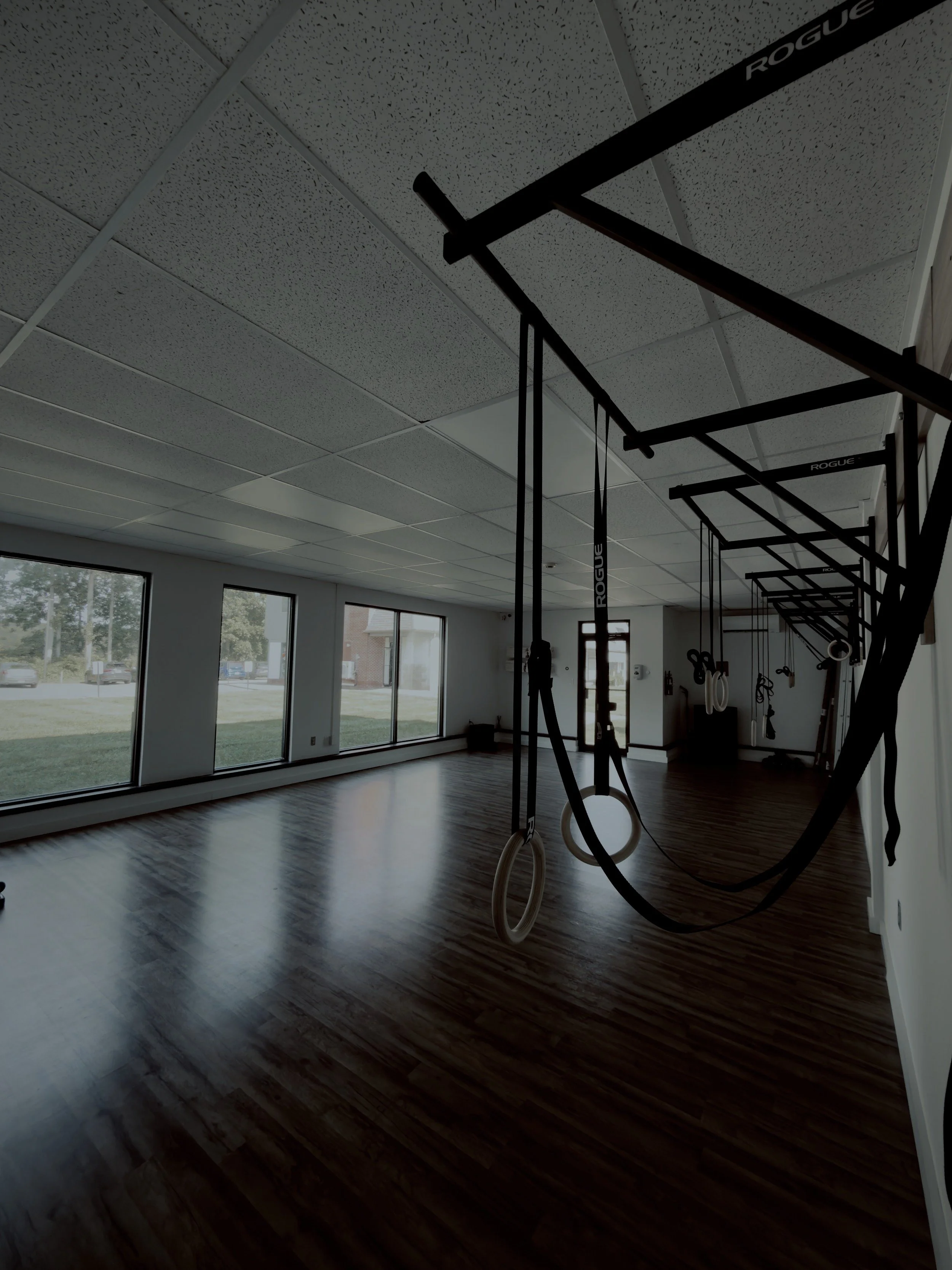 Indoor gym with gymnastic rings hanging from black structures branded 'ROGUE', large windows, and wood laminate flooring.