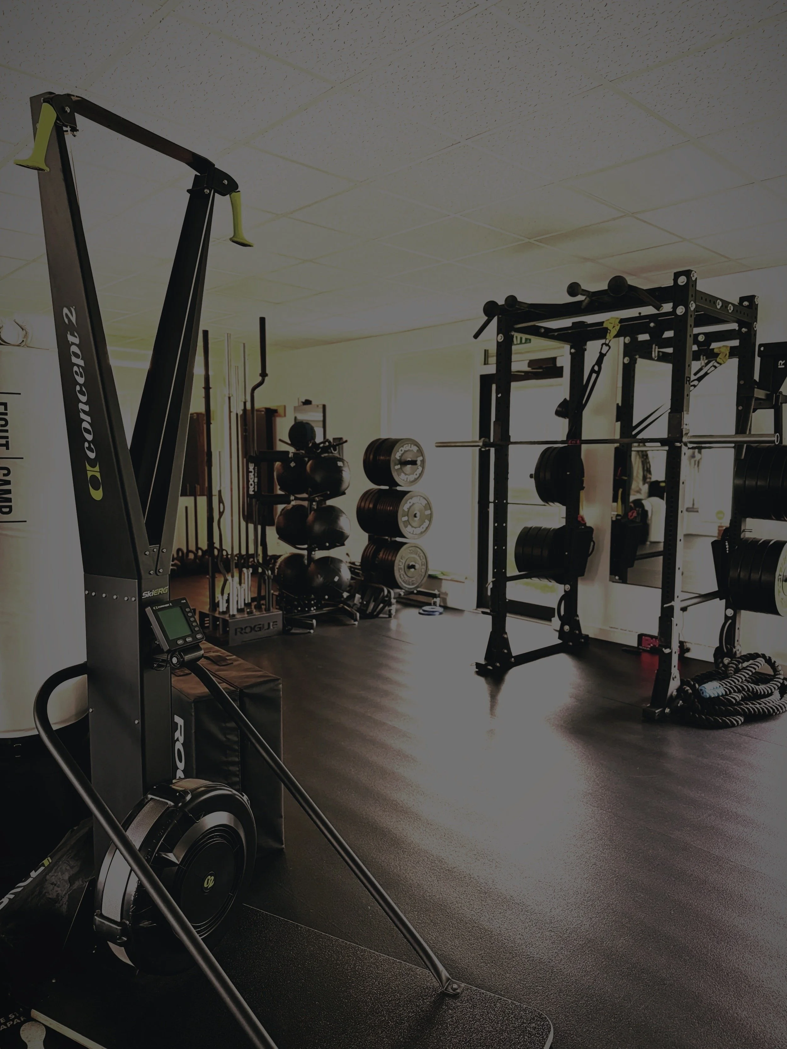 Interior of a gym with various workout equipment including a recumbent exercise bike, weight racks, kettlebells, pull-up bars, and weight plates.