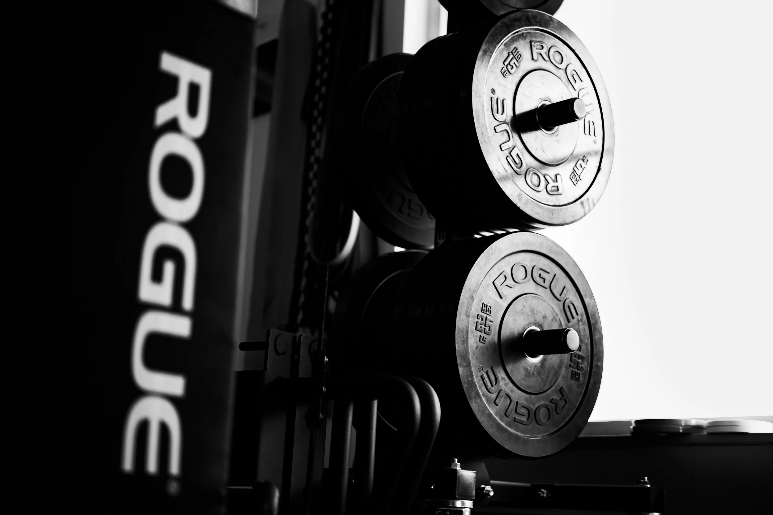 Black and white photo of a weightlifting barbell with weight plates, placed on a workout rack.
