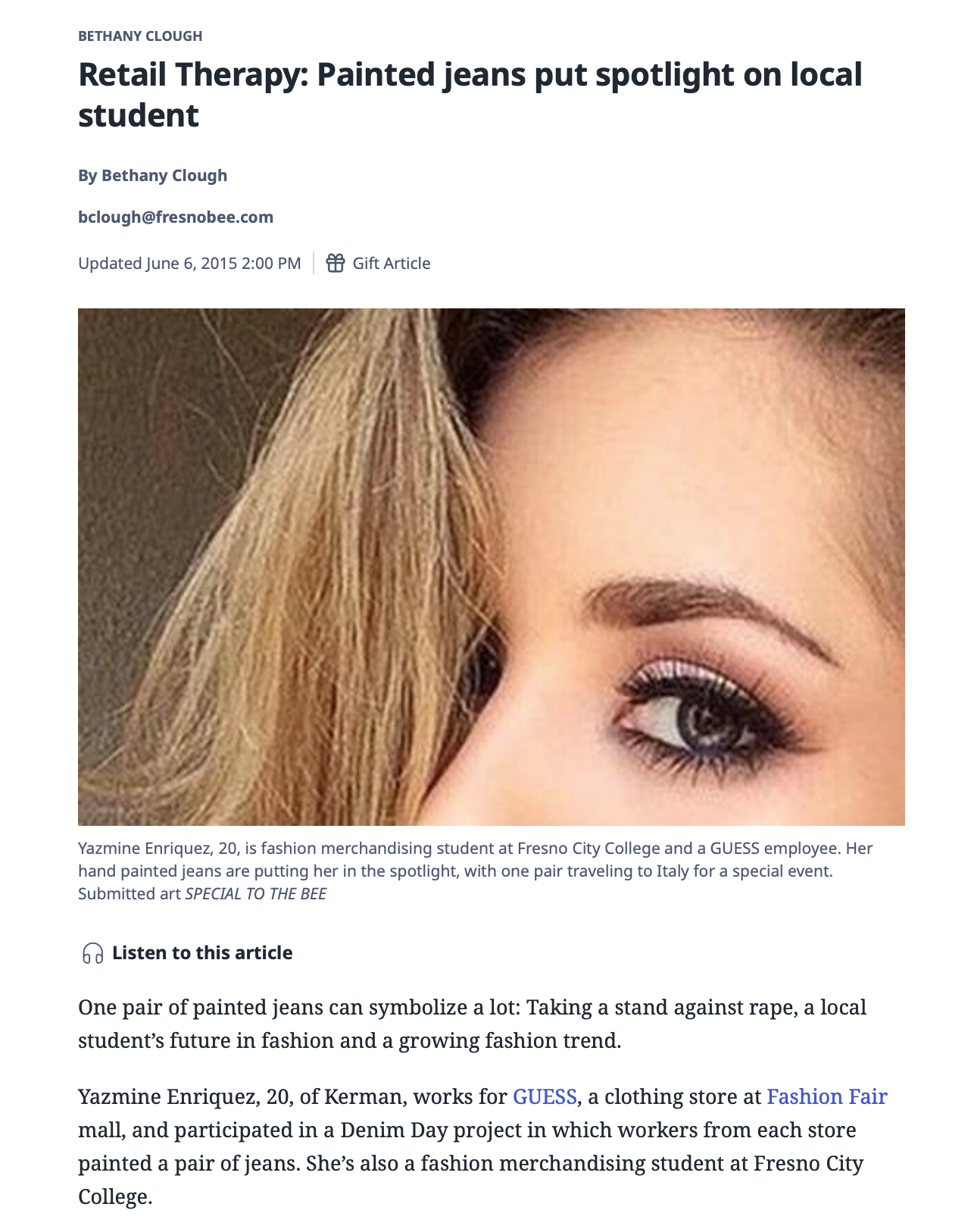 Close-up of a woman's face with blonde hair and eye makeup, emphasizing her eye and forehead.