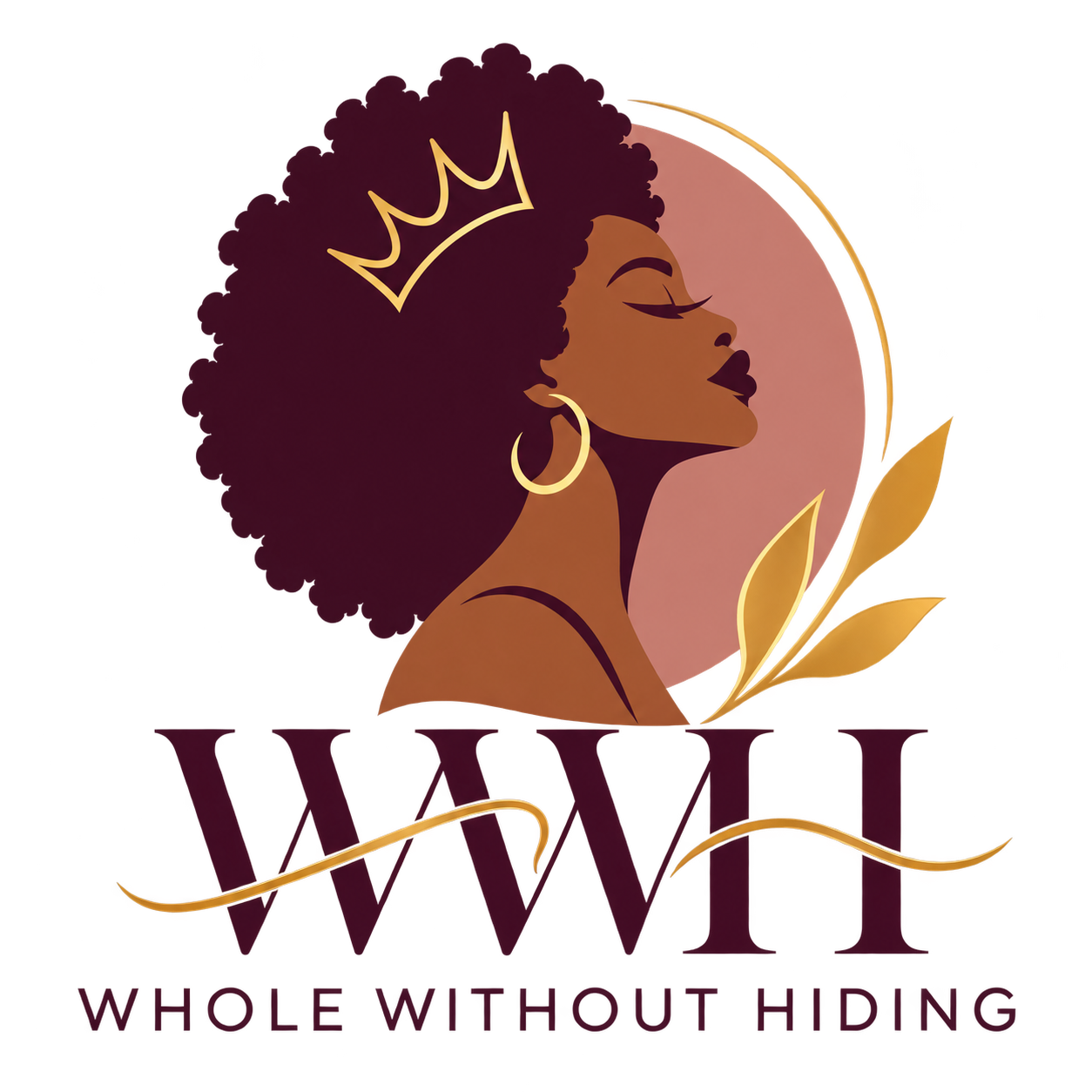 A logo featuring a profile of a woman with dark skin and natural curly hair wearing a crown and hoop earring. The woman is holding a gold leaf, with the text 'WWT' and below it 'Whole Without Harming'.