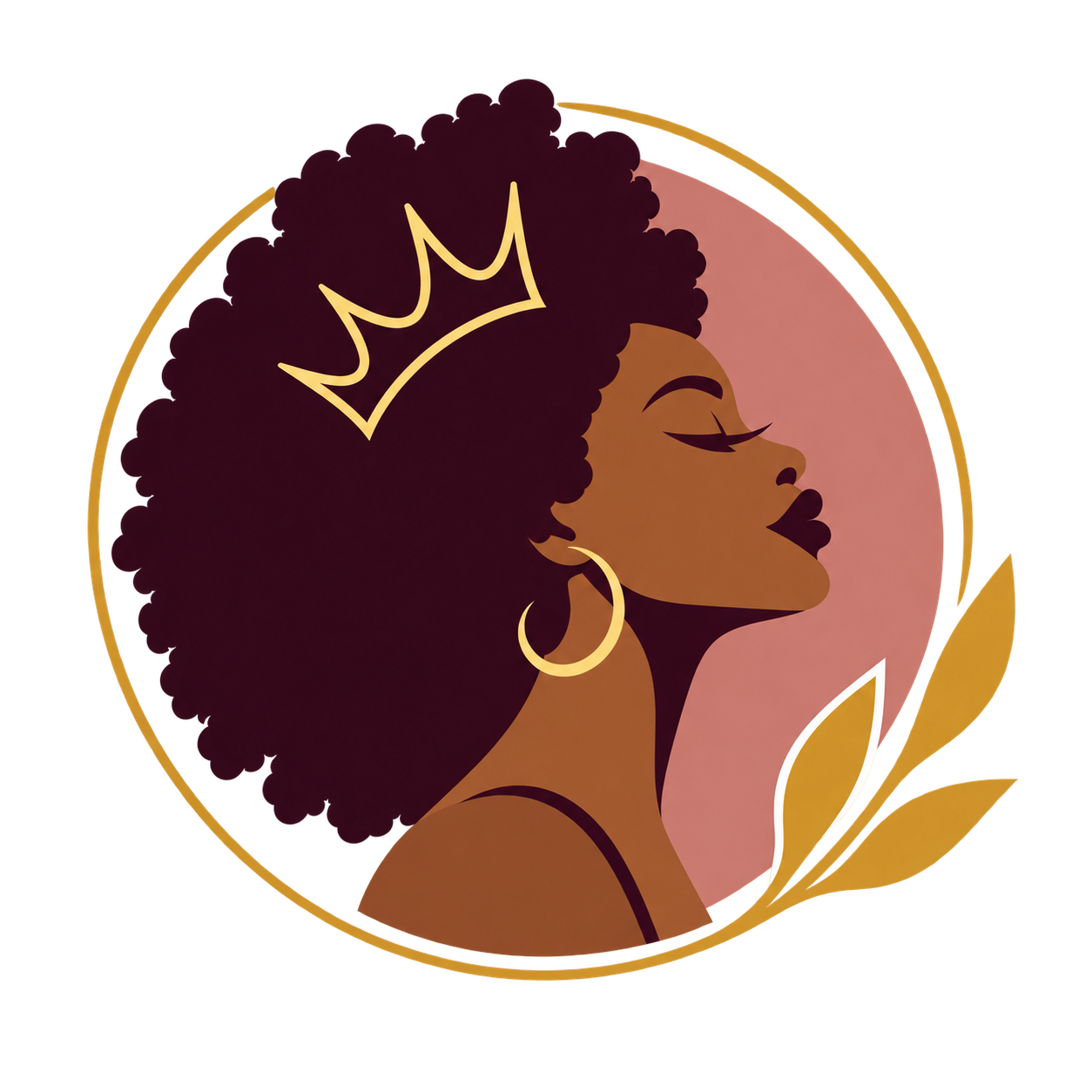 Stylized illustration of a Black woman with natural curly hair, wearing a crown and large hoop earrings, seen in profile with closed eyes and a calm expression. The background is pink and gold decorative elements frame the image.